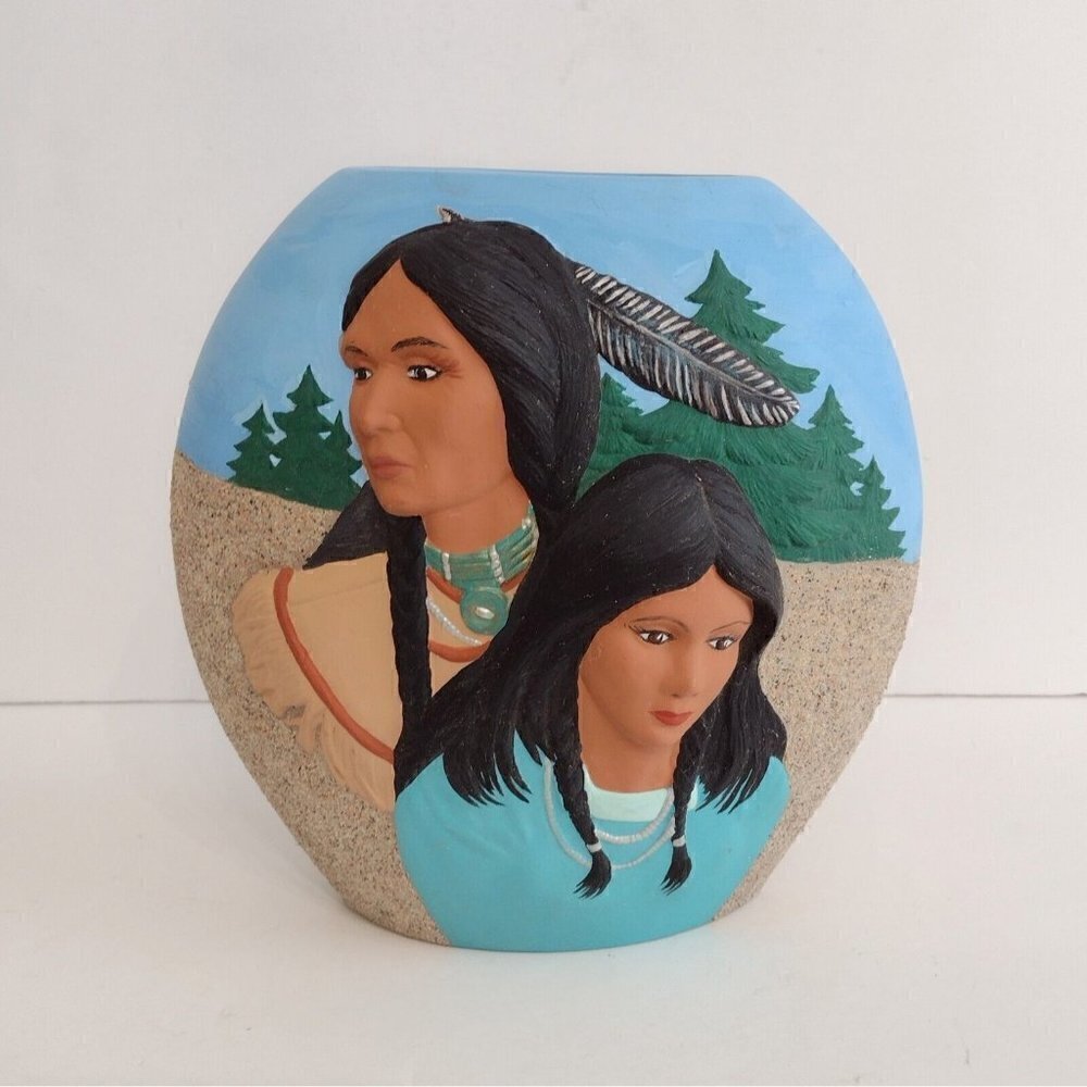 Vintage 1994 Ceramic Hand Painted Native American 3D Indian Couple Vase